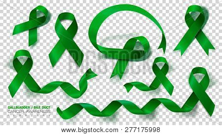 Set. Gallbladder And Bile Duct Cancer Awareness Month. Realistic Kelly Green Ribbon Symbol. Medical 