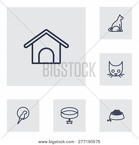 Set Of 6 Animals Icons Line Style Set. Collection Of Neckband, Home, Food Elements.