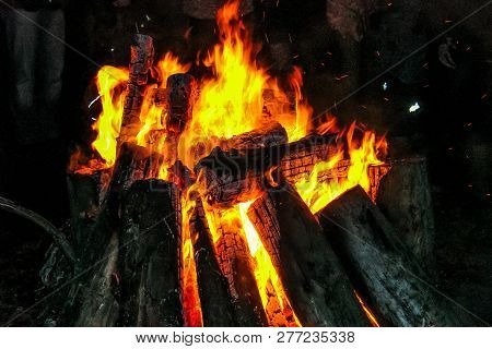 Flames Of A Campfire In The Night. Fire Brand.  Camp Fire. Tourism In Latvia.
