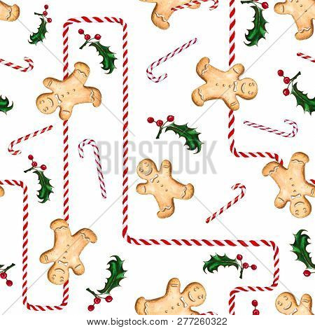 Seamless Pattern With Gingerbread Man, Candy Cane And Holly. Labyrinth Of Striped Candy. Illustratio