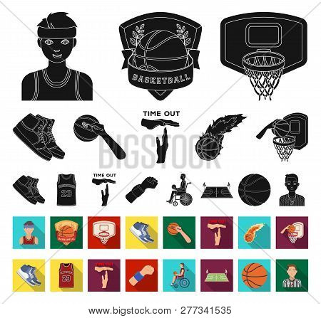 Basketball And Attributes Black, Flat Icons In Set Collection For Design.basketball Player And Equip