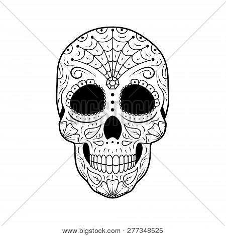 Black And White Day Of The Dead Sugar Skull With Detailed Floral Ornament. Mexican Symbol Calavera. 