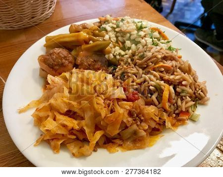 Turkish Olive Oil Healthy Food Plate With Cabbage Stew Kapuska, Orzo Barley, Wheat Salad, Okra And M