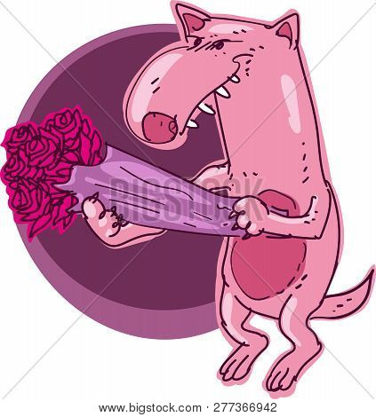 Pink Wolf Carrying Corsage, Funny Cartoon, Vector Illustration