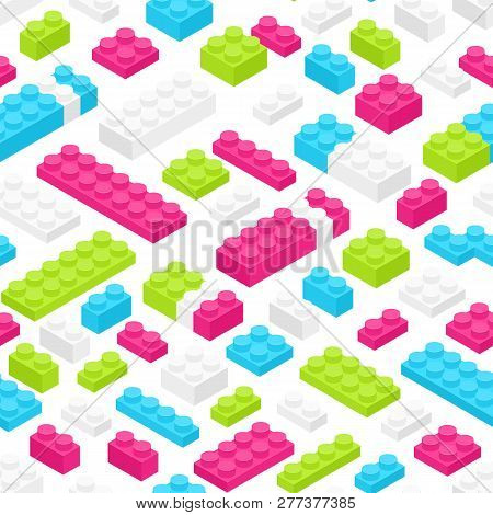 Seamless Pattern With Isometric Colorful Plastic Constructor Details Or Pieces On White Background. 