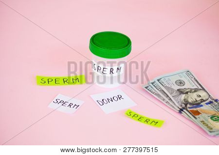 Health. Sperm Analysis. Concept Of Bank Sperm. Infertility Bank With Sperm On Rosy Phoenix With Mone