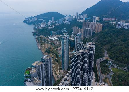 Aerial Shot From Flying Drone Of Cyberport In Hong Kong Island