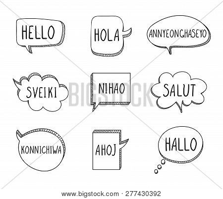 Vector Talk Bubbles With Hellos On Different Languages: English, Spanish, Korean, Lithuanian, Chines