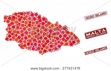 Geographic Composition Of Dot Mosaic Map Of Gozo Island And Red Rectangle Grunge Stamp Watermarks. V