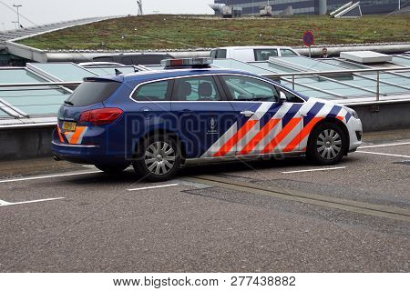 Schiphol, The Netherlands - December 28, 2018: Royal Netherlands Marechaussee, Dutch Military Police