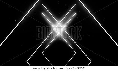 Flying Through Geometrical Abstraction With White Stars On Black Background. Transformation Of Geome