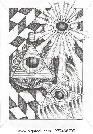 Black And White Illustration, Symbols Of Success, All-seeing Eye.