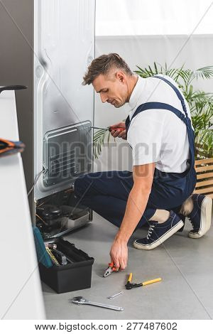 Adult Man Repairing Refrigerator At Kitchen And Taking Pliers From Floor