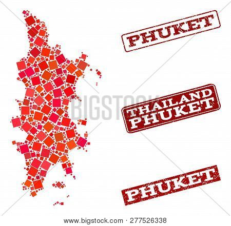Geographic Composition Of Dot Mosaic Map Of Phuket And Red Rectangle Grunge Stamp Imprints. Vector M