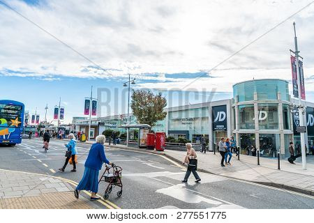 Brighton, England-1 October,2018: Bus Stop With Digital Data Board Information Sign For Passenger Wi