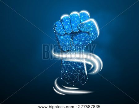 Fist. Low Poly Frame And Dots. The Concept Of A Polygonal 3d Agreement On A Dark Blue Background. Bu
