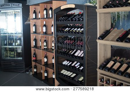 Bottles Of Wine Are Presented In The Hotel Restaurant For Selection. May 30, 2018, Albania, Duras