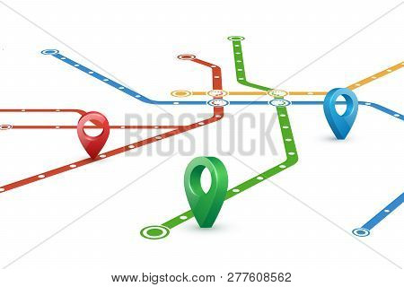 Abstract Map Of Subway Routes. Perspective View. Realistic 3d Pointers