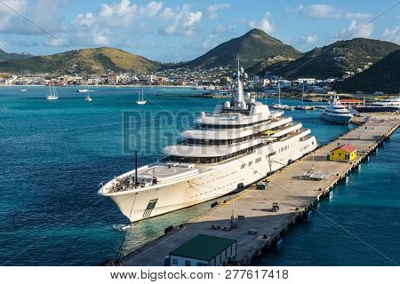 Philipsburg, St. Maarten - December 17, 2018: Private White Luxury Motor Superyacht Eclipse Moored I