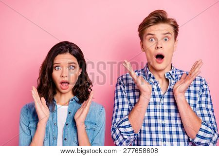 Close Up Portrait Of Two She Her He Him His Best Friends Boy Lady With Open Mouth  Arms Up Near Chee