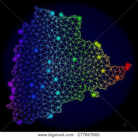 Bright Spectrum Mesh Vector Map Of Telangana State With Glare Effect. Abstract Lines, Triangles, Lig