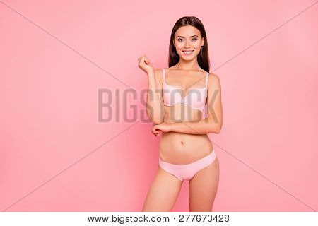 Portrait Of Her She Nice Attractive Thin Sporty Positive Optimistic Lady In Beige Lingerie Perfect S