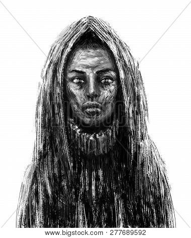 Black Skinned Shaman Girl In The Hood. Fantasy Illustration. White Background