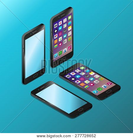 Realistic Black Smartphone In Isometry Vector Illustration