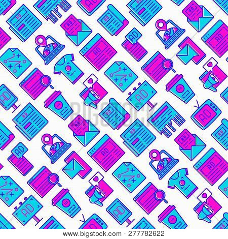 Advertising Seamless Pattern With Thin Line Icons: Billboard, Street Ads, Newspaper, Magazine, Produ