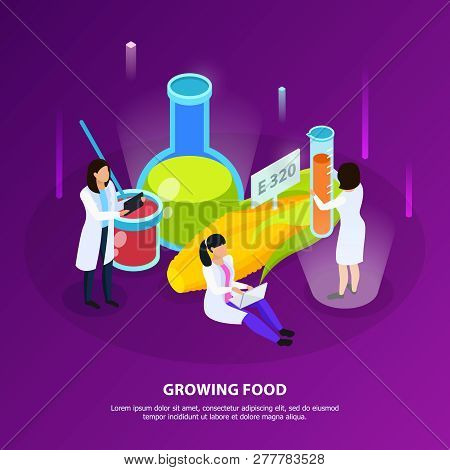 Artificial Nutrition Products Isometric Composition With Scientists During Growing Of Food On Purple