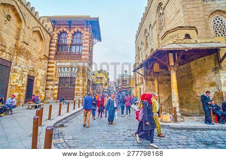 Cairo, Egypt - December 20, 2017: Al-muizz Is The Central Pedestrian Street In Islamic Neighborhood,
