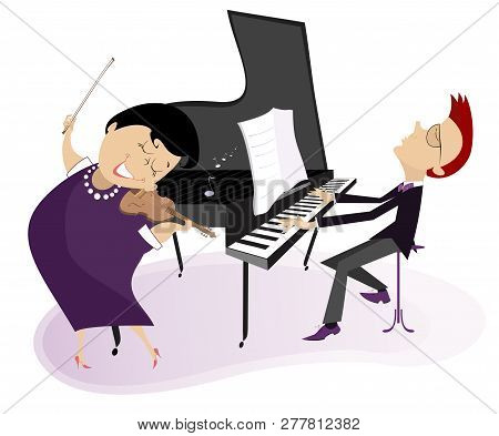 Couple Musicians Play Music On Violin And Piano Isolated Illustration. Duet Of Violinist Woman And P