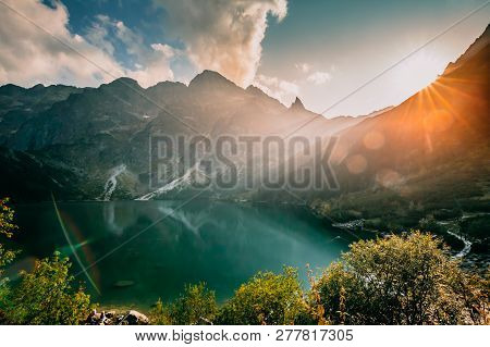 Tatra National Park, Poland. Famous Mountains Lake Morskie Oko Or Sea Eye Lake In Summer Evening. Be