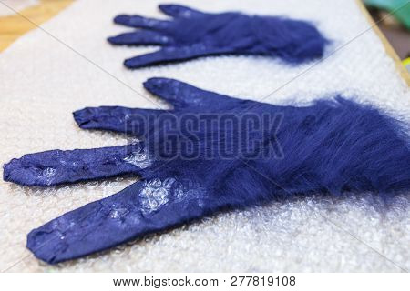 Workshop Of Hand Making A Fleece Gloves From Blue Merino Sheep Wool Using Wet Felting Process - Fibe