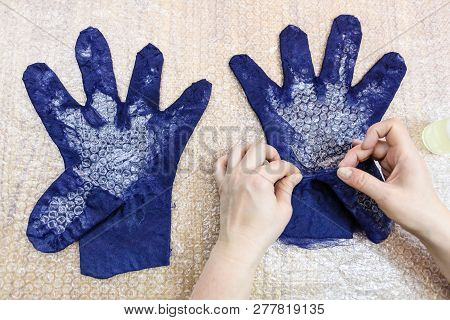 Workshop Of Hand Making A Fleece Gloves From Blue Merino Sheep Wool Using Wet Felting Process - Craf
