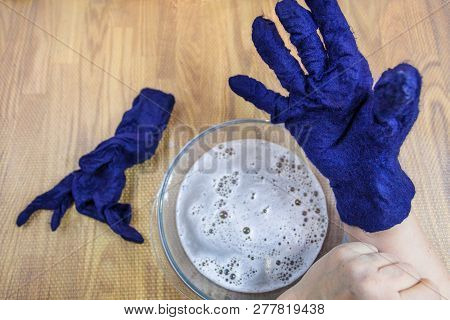 Workshop Of Hand Making A Fleece Gloves From Blue Merino Sheep Wool Using Wet Felting Process - Craf