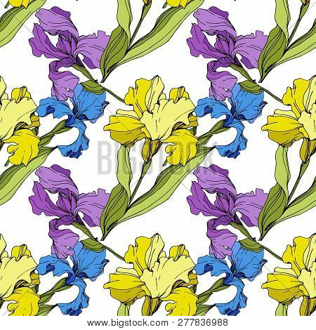 Vector Iris Floral Botanical Flower. Seamless Background Pattern. Fabric Wallpaper Print Texture.