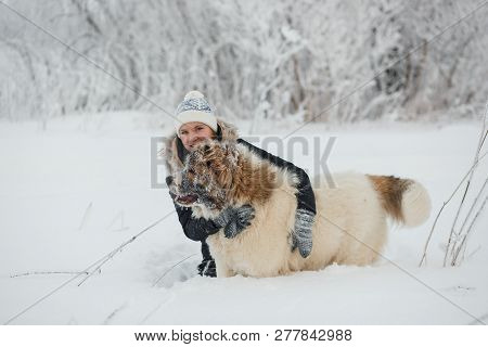 Cheerful Young Woman Embracing With Female Caucasian Shepherd Dog On Snow-covered Field In Frosty Wi