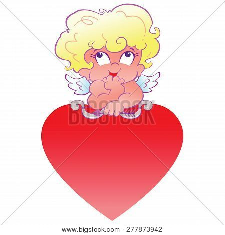 Illustration Of An Adorable Cupid  On Top Of A Large Red Heart Thinking About Next Move.