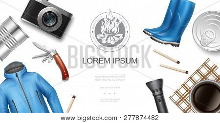 Realistic Outdoor Recreation Template With Camera Jacket Rubber Boots Canned Food Matches Flashlight