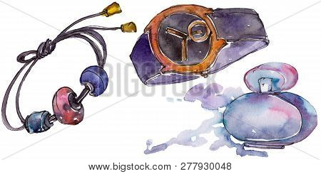 Watch, Bracelet And Parfum Sketch Fashion Glamour Illustration In A Watercolor Style. Isolated Accec