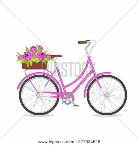 Purple Retro Bicycle With Bouquet In Floral Box On Trunk For Wedding, Congatulation Banner, Invite, 
