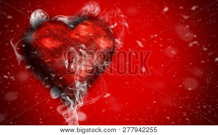 Romantic Love  Red Heart With Smoke On Background For Copy Space. With Snow Texture Overlays.