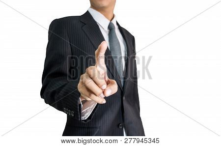 Business Man Touching An Imaginary Screen Against White Background