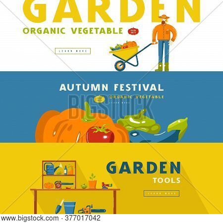 Stock Vector Illustration Of Gardening Hobby Banner Set With Tools And Vegetables. Design In Flat St