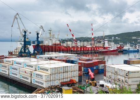 Terminal Commercial Sea Port, Crane Unloaded Russian Container Cargo Ship Sevmorput - Nuclear-powere