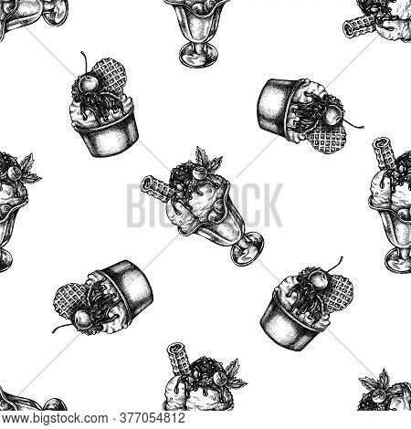 Seamless Pattern With Black And White Ice Cream Bowls Stock Illustration