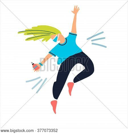 Woman In Mask Dancing Wigh A Spray Sanitizer. Hygiene During Infection Outbreak Concept. Covid-19 Aw