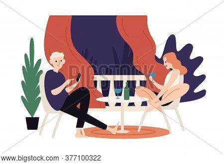 Couple Having Romantic Dinner On Cafe Balcony During Summer Vacation Vector Flat Illustration. Smili