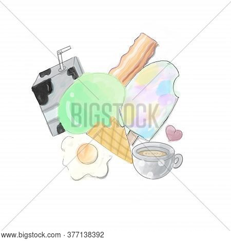 Illustration Drawing Of Breakfast Food Collection Style With Fried Eggs,milk, Ice Cream And Coffee B